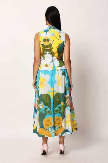Shop_Ruhr India_Blue Cotton Collared Neck Kosumosu Print Waistcoat And Skirt Set _at_Aza_Fashions