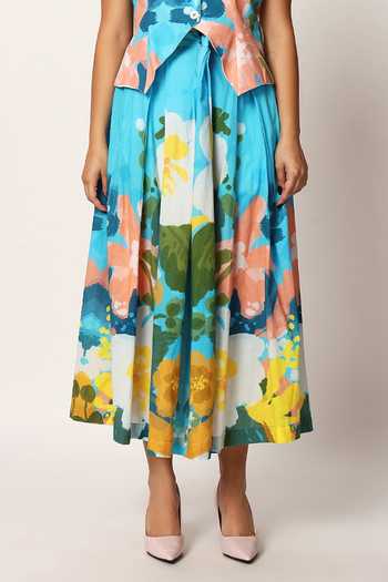Buy_Ruhr India_Blue Cotton Collared Neck Kosumosu Print Waistcoat And Skirt Set 