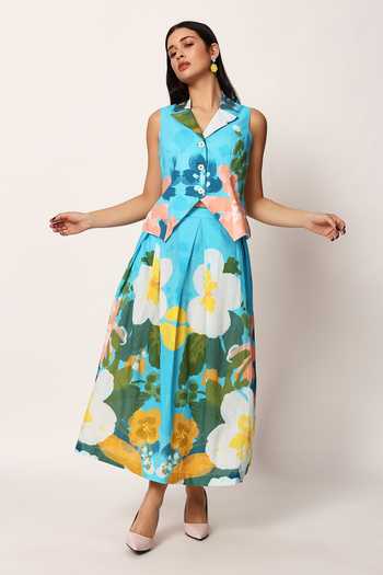 Shop_Ruhr India_Blue Cotton Collared Neck Kosumosu Print Waistcoat And Skirt Set 
