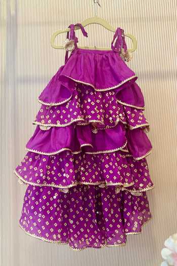 Shop_Rage Attire-Sweta Saria_Purple Chinon Bandhani Sharara And Tiered Top Set _at_Aza_Fashions
