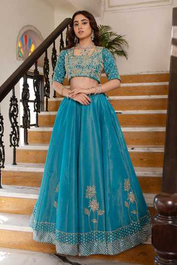 Buy_Pomcha Jaipur_Blue Silk Square Neck Mehfil Firozi Mehar Tube Light Work Lehenga Set _Online