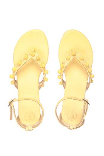 Shop_PREET KAUR_Yellow Aure Pearl Work Flats _at_Aza_Fashions