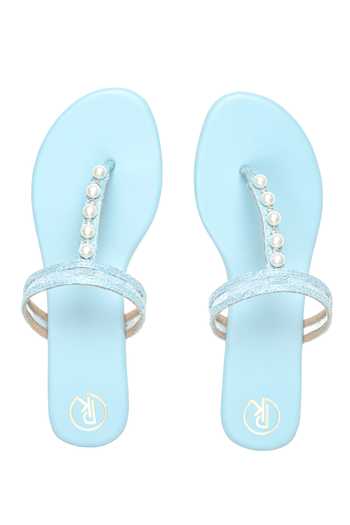 Shop_PREET KAUR_Blue Ciel Pearl Embellished Flats _at_Aza_Fashions