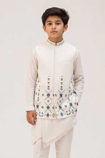 Buy_Paarsh_White Linen Aaryav Embroidered Nehru Jacket And Kurta Set _Online_at_Aza_Fashions