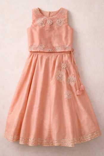 MI Dulce AN'YA_Peach Cotton, Chanderi Floral Embroidered Top And Lehenga Set _Online_at_Aza_Fashions