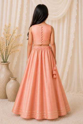 Shop_MI Dulce AN'YA_Peach Cotton, Chanderi Floral Embroidered Top And Lehenga Set _at_Aza_Fashions
