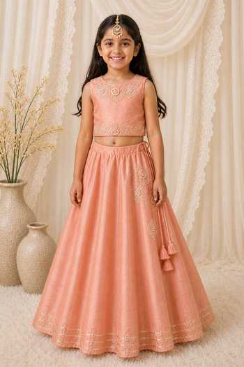 Buy_MI Dulce AN'YA_Peach Cotton, Chanderi Floral Embroidered Top And Lehenga Set _at_Aza_Fashions