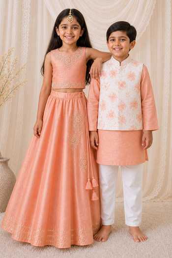 Buy_MI Dulce AN'YA_Peach Cotton, Chanderi Floral Embroidered Top And Lehenga Set _Online_at_Aza_Fashions
