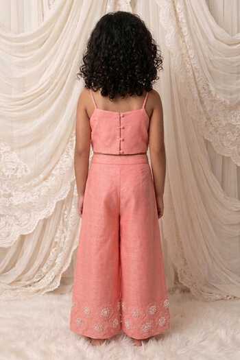 Shop_MI Dulce An'Ya_Coral Cotton, Chanderi Fabric Flowers 3d Spaghetti Top And Palazzo Set _at_Aza_Fashions