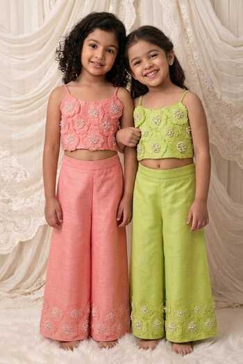 MI Dulce An'Ya_Coral Cotton, Chanderi Fabric Flowers 3d Spaghetti Top And Palazzo Set _Online_at_Aza_Fashions