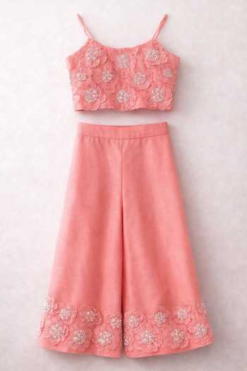 Buy_MI Dulce An'Ya_Coral Cotton, Chanderi Fabric Flowers 3d Spaghetti Top And Palazzo Set _Online_at_Aza_Fashions