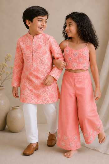 Shop_MI Dulce An'Ya_Coral Cotton, Chanderi Fabric Flowers 3d Spaghetti Top And Palazzo Set _Online_at_Aza_Fashions