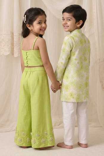 Shop_MI Dulce An'Ya_Green Cotton, Chanderi Pearls, Fabric Flowers 3d Embellished Top And Palazzo Set _at_Aza_Fashions