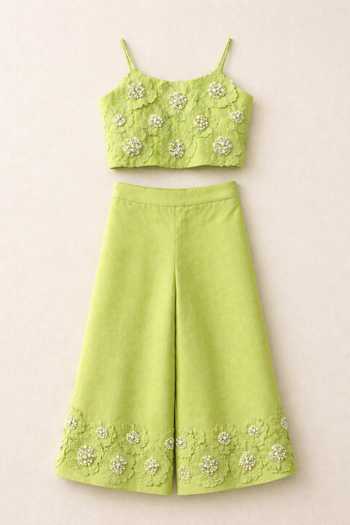 MI Dulce An'Ya_Green Cotton, Chanderi Pearls, Fabric Flowers 3d Embellished Top And Palazzo Set _Online_at_Aza_Fashions
