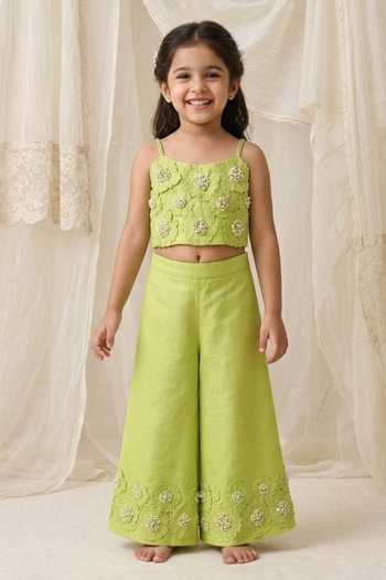 Buy_MI Dulce An'Ya_Green Cotton, Chanderi Pearls, Fabric Flowers 3d Embellished Top And Palazzo Set _at_Aza_Fashions