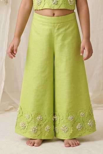 Buy_MI Dulce An'Ya_Green Cotton, Chanderi Pearls, Fabric Flowers 3d Embellished Top And Palazzo Set _Online_at_Aza_Fashions