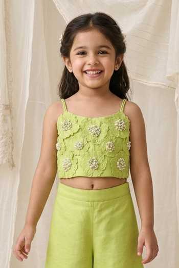 Shop_MI Dulce An'Ya_Green Cotton, Chanderi Pearls, Fabric Flowers 3d Embellished Top And Palazzo Set _Online_at_Aza_Fashions