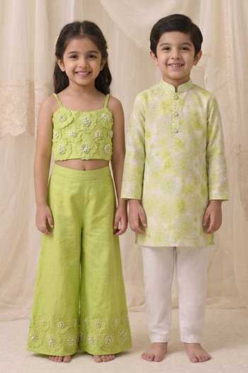 MI Dulce An'Ya_Green Cotton, Chanderi Pearls, Fabric Flowers 3d Embellished Top And Palazzo Set _at_Aza_Fashions