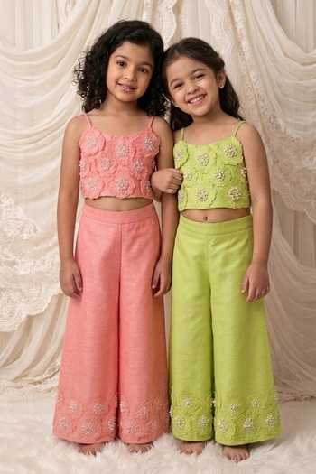 Buy_MI Dulce An'Ya_Green Cotton, Chanderi Pearls, Fabric Flowers 3d Embellished Top And Palazzo Set 