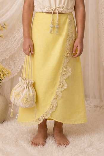 MI Dulce An'Ya_Cream Modal, Satin, Cotton, Chanderi Floral Top And Lace Embroidered Skirt Set _Online_at_Aza_Fashions
