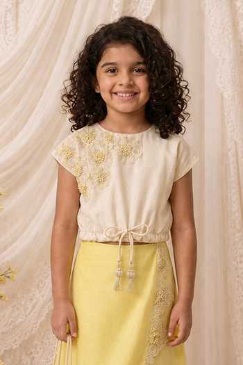 Buy_MI Dulce An'Ya_Cream Modal, Satin, Cotton, Chanderi Floral Top And Lace Embroidered Skirt Set _Online_at_Aza_Fashions