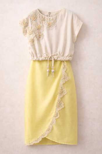 Shop_MI Dulce An'Ya_Cream Modal, Satin, Cotton, Chanderi Floral Top And Lace Embroidered Skirt Set _Online_at_Aza_Fashions