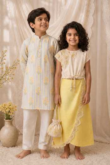 MI Dulce An'Ya_Cream Modal, Satin, Cotton, Chanderi Floral Top And Lace Embroidered Skirt Set _at_Aza_Fashions