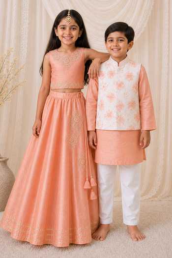 MI Dulce An'Ya_Ivory Cotton, Chanderi Embroidery Printed Bundi And Kurta Set _Online_at_Aza_Fashions