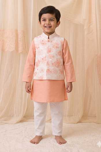 Buy_MI Dulce An'Ya_Ivory Cotton, Chanderi Embroidery Printed Bundi And Kurta Set _at_Aza_Fashions