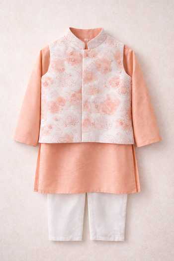 Buy_MI Dulce An'Ya_Ivory Cotton, Chanderi Embroidery Printed Bundi And Kurta Set _Online_at_Aza_Fashions