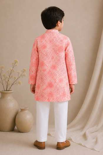 Shop_MI Dulce An'Ya_Pink Cotton, Chanderi Floral Print Kurta Set _at_Aza_Fashions