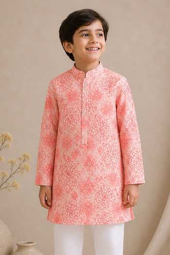 MI Dulce An'Ya_Pink Cotton, Chanderi Floral Print Kurta Set _Online_at_Aza_Fashions
