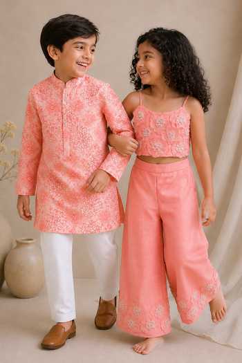 Buy_MI Dulce An'Ya_Pink Cotton, Chanderi Floral Print Kurta Set _Online_at_Aza_Fashions
