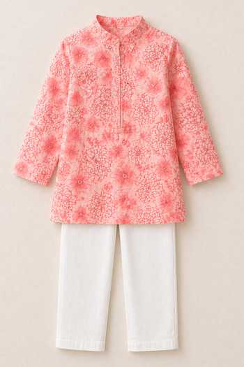 Shop_MI Dulce An'Ya_Pink Cotton, Chanderi Floral Print Kurta Set _Online_at_Aza_Fashions