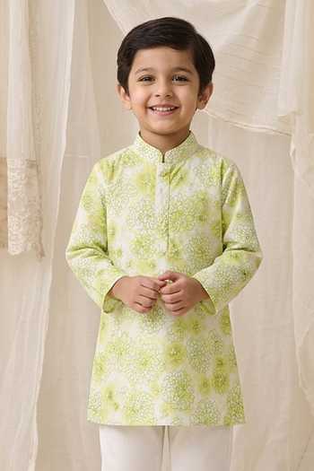 MI Dulce An'Ya_Green Cotton, Chanderi Floral Print Kurta And Pyjama Set _Online_at_Aza_Fashions