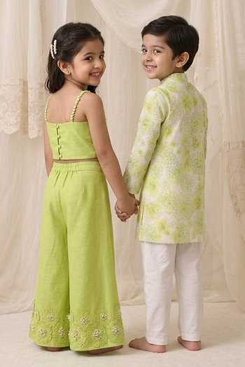 Shop_MI Dulce An'Ya_Green Cotton, Chanderi Floral Print Kurta And Pyjama Set _at_Aza_Fashions