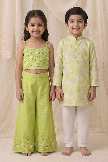 Buy_MI Dulce An'Ya_Green Cotton, Chanderi Floral Print Kurta And Pyjama Set _Online_at_Aza_Fashions