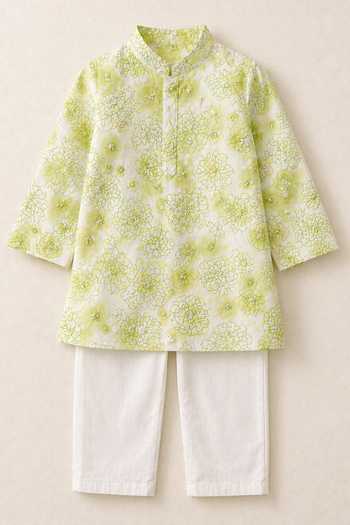 Shop_MI Dulce An'Ya_Green Cotton, Chanderi Floral Print Kurta And Pyjama Set _Online_at_Aza_Fashions