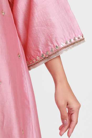 Kyra By Bhavna_Pink Chanderi Mandarin Collar, Yes Omar Jacket Kurta And Pant Set _Online_at_Aza_Fashions