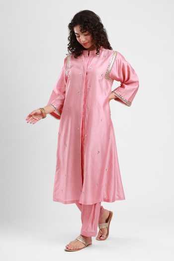 Buy_Kyra By Bhavna_Pink Chanderi Mandarin Collar, Yes Omar Jacket Kurta And Pant Set _Online_at_Aza_Fashions
