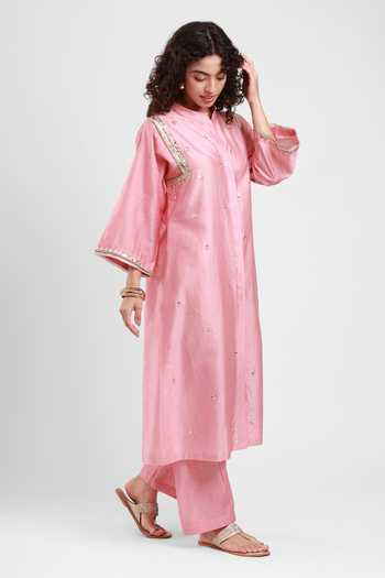 Shop_Kyra By Bhavna_Pink Chanderi Mandarin Collar, Yes Omar Jacket Kurta And Pant Set _Online_at_Aza_Fashions