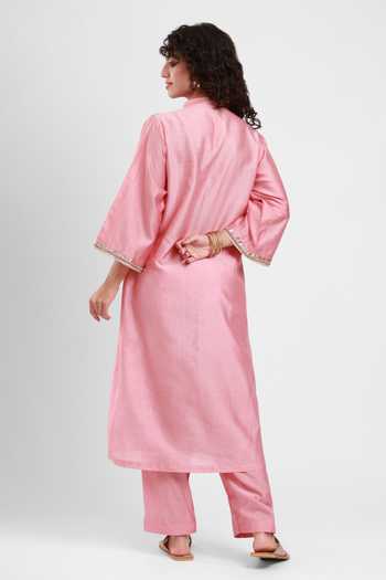 Shop_Kyra By Bhavna_Pink Chanderi Mandarin Collar, Yes Omar Jacket Kurta And Pant Set _at_Aza_Fashions