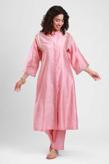 Buy_Kyra By Bhavna_Pink Chanderi Mandarin Collar, Yes Omar Jacket Kurta And Pant Set _at_Aza_Fashions