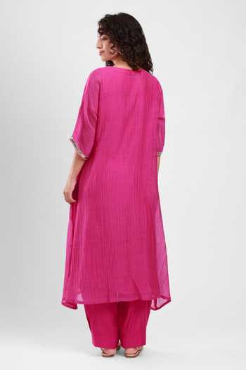 Shop_Kyra By Bhavna_Fuchsia Chanderi V-neck Zyrah Kaftan And Pant Set _at_Aza_Fashions