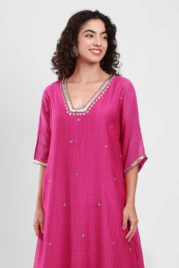 Kyra By Bhavna_Fuchsia Chanderi V-neck Zyrah Kaftan And Pant Set _Online_at_Aza_Fashions