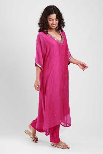 Shop_Kyra By Bhavna_Fuchsia Chanderi V-neck Zyrah Kaftan And Pant Set _Online_at_Aza_Fashions