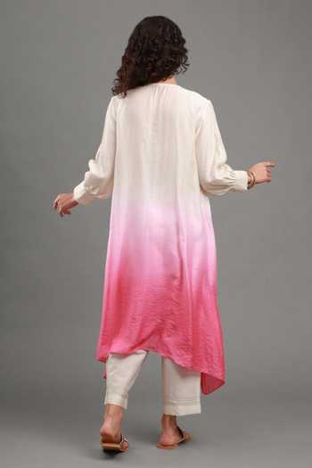 Shop_Kyra By Bhavna_Pink Chanderi, Cambric Keyhole Neck, Yes Riva Ombre Kurta And Pant Set _at_Aza_Fashions
