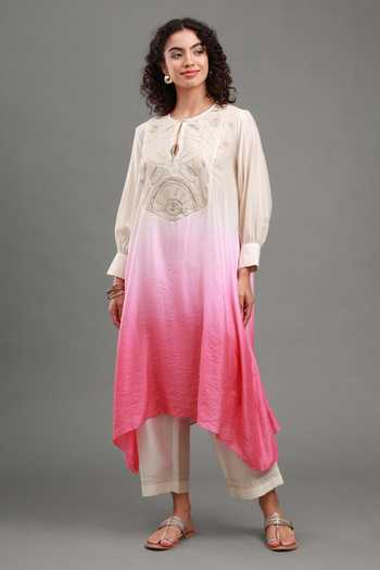 Buy_Kyra By Bhavna_Pink Chanderi, Cambric Keyhole Neck, Yes Riva Ombre Kurta And Pant Set _at_Aza_Fashions