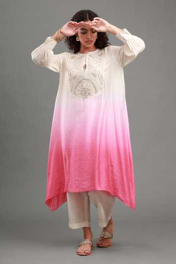 Buy_Kyra By Bhavna_Pink Chanderi, Cambric Keyhole Neck, Yes Riva Ombre Kurta And Pant Set _Online_at_Aza_Fashions