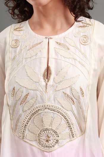 Kyra By Bhavna_Pink Chanderi, Cambric Keyhole Neck, Yes Riva Ombre Kurta And Pant Set _at_Aza_Fashions